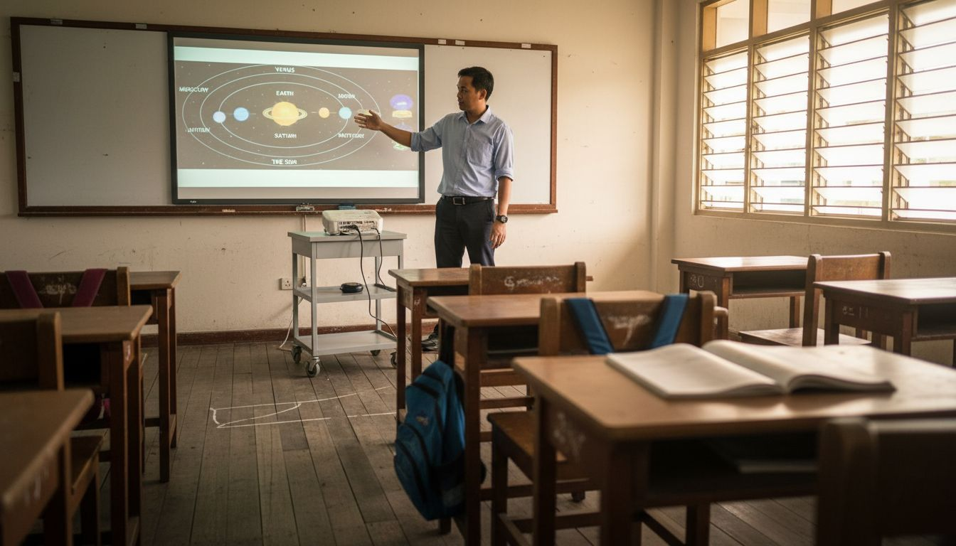 Teacher using Epson 3D projector in classroom