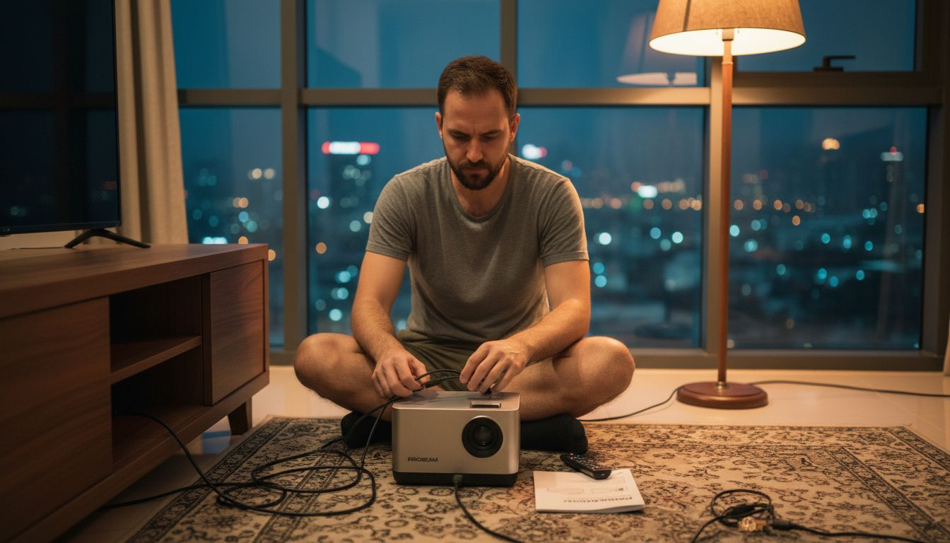 Man setting up 3D projector in apartment