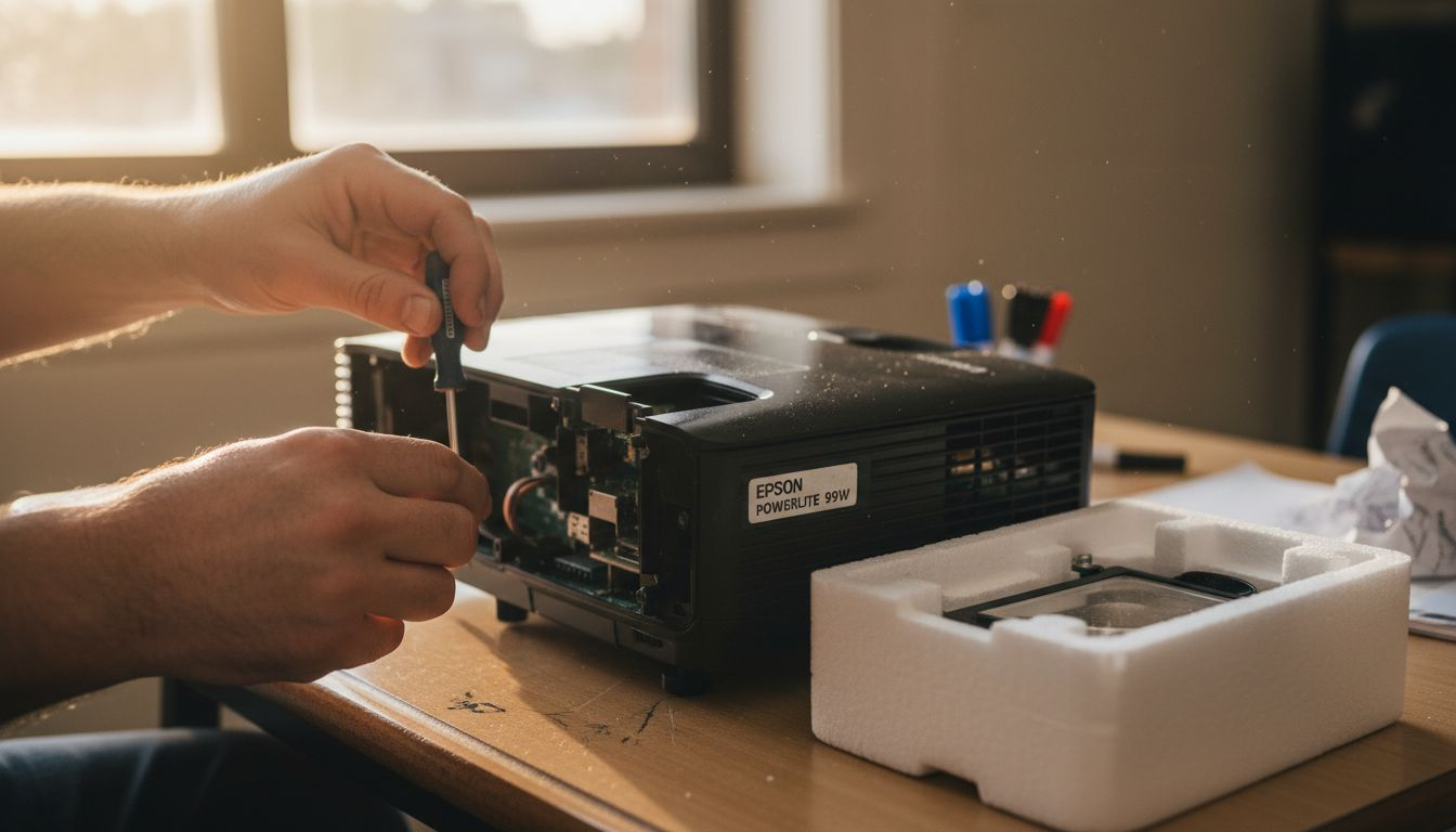 Close view of projector lamp installation process