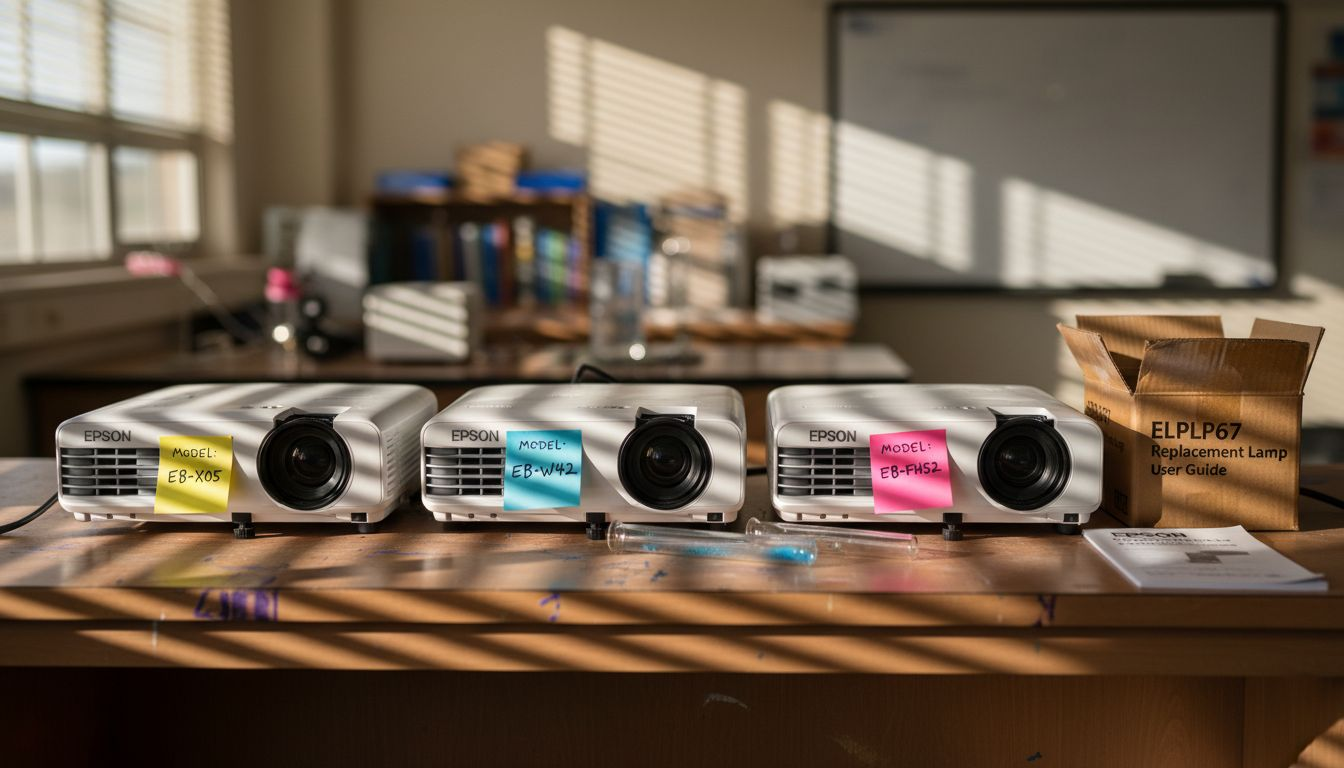 Epson projector models displayed on shelf
