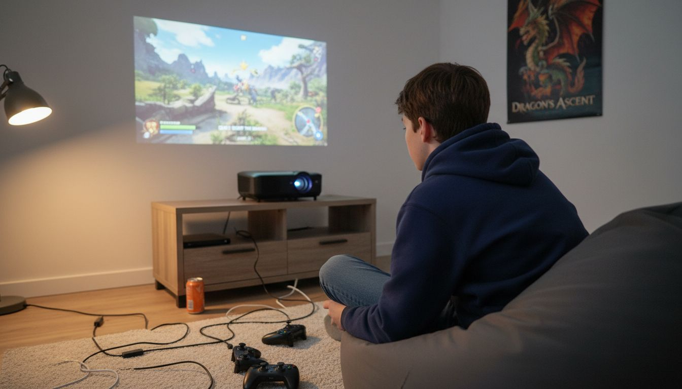 Teen gaming with wireless projector setup