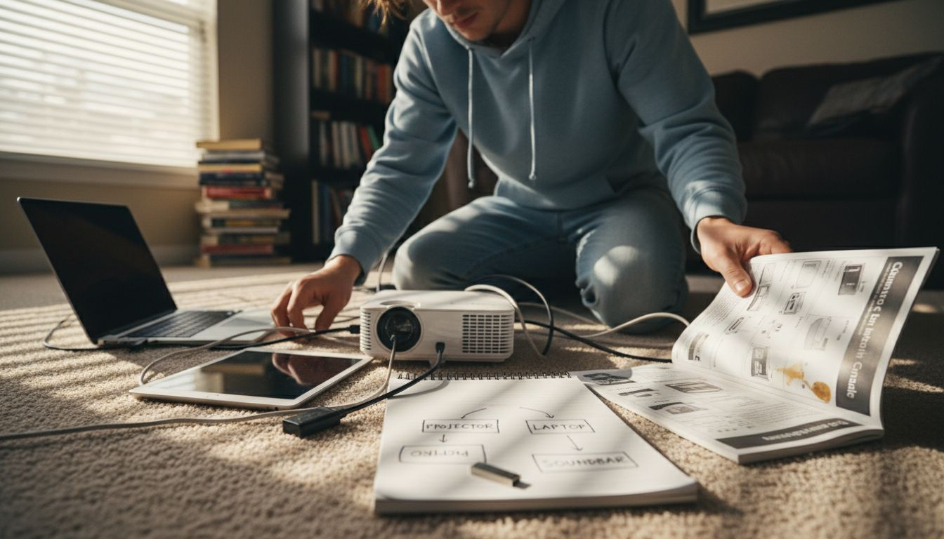 Student setting up mini projector with devices