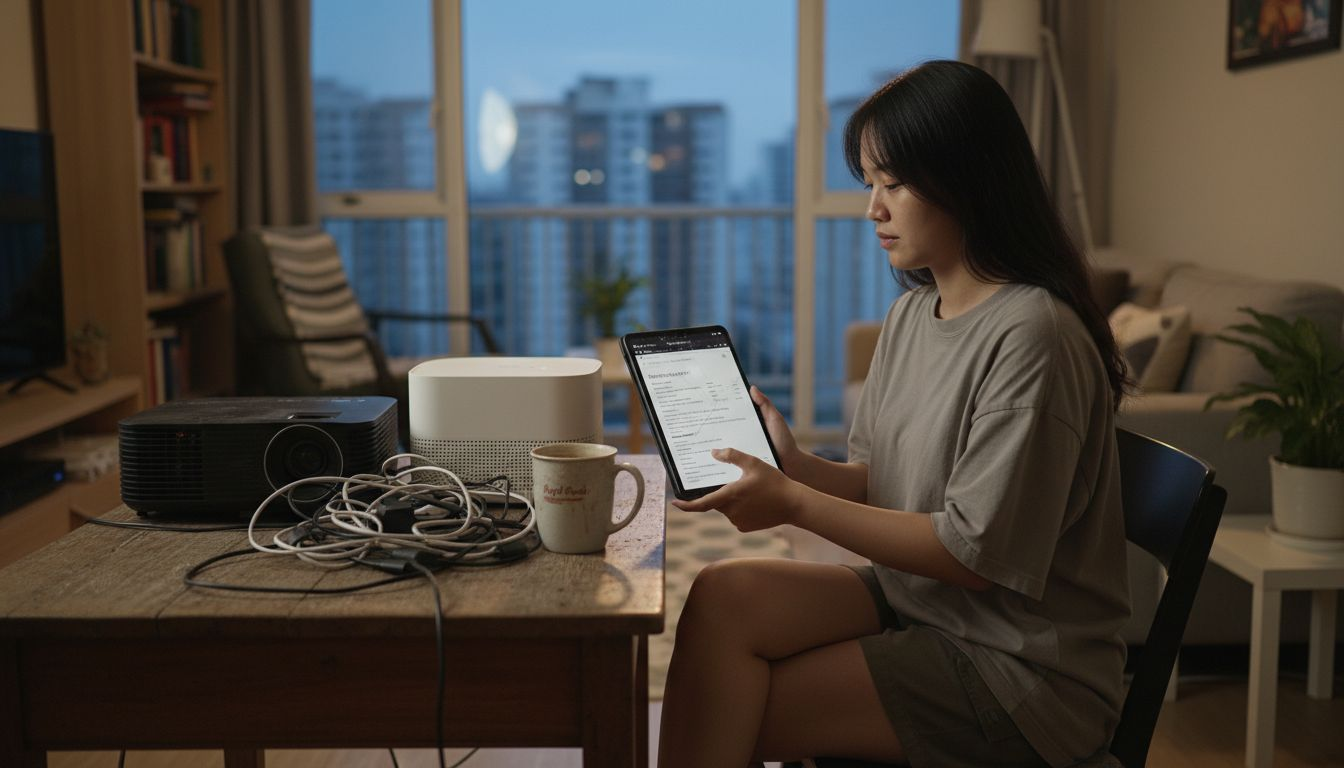 Seseorang sedang membandingkan dua projektor di rumah untuk lihat mana satu lebih sesuai dengan keperluan mereka.