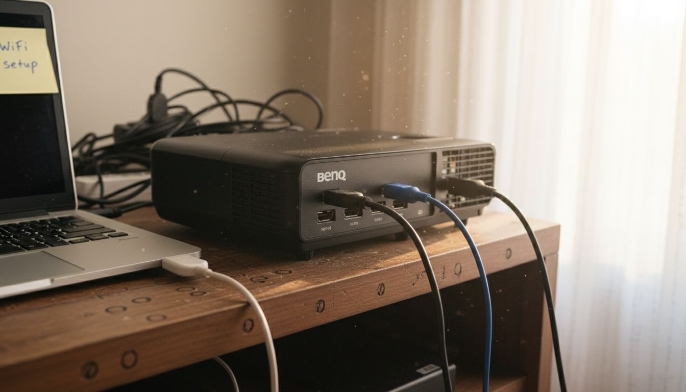 BenQ projector cables and adapters in use