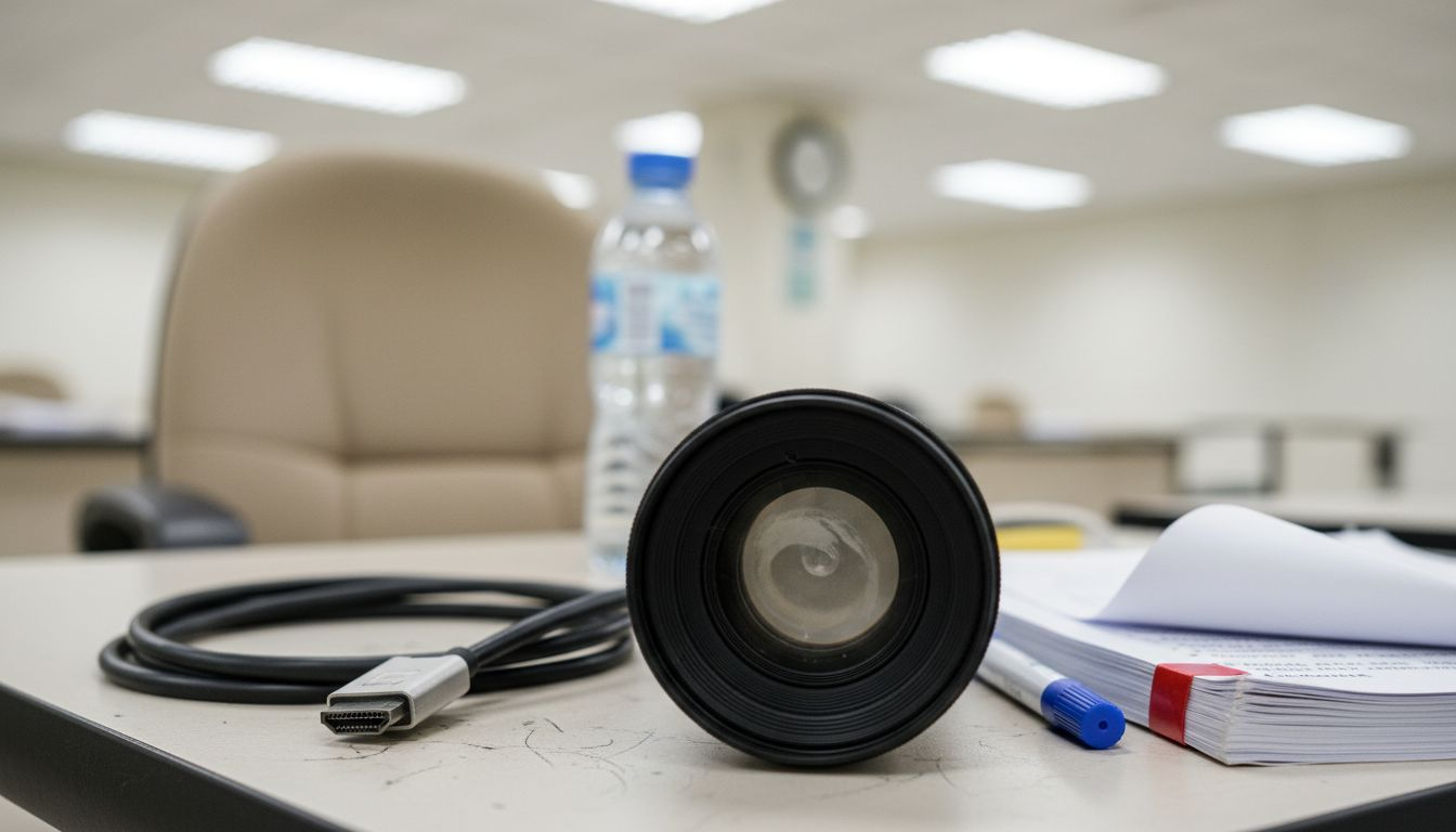 Lensa projektor yang diambil secara dekat, di atas meja yang berselerak dengan pelbagai barang.