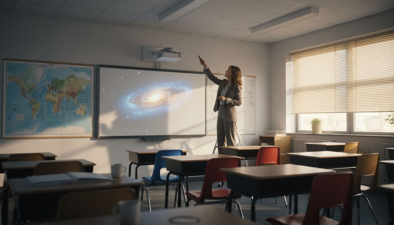 Teacher calibrating classroom projector