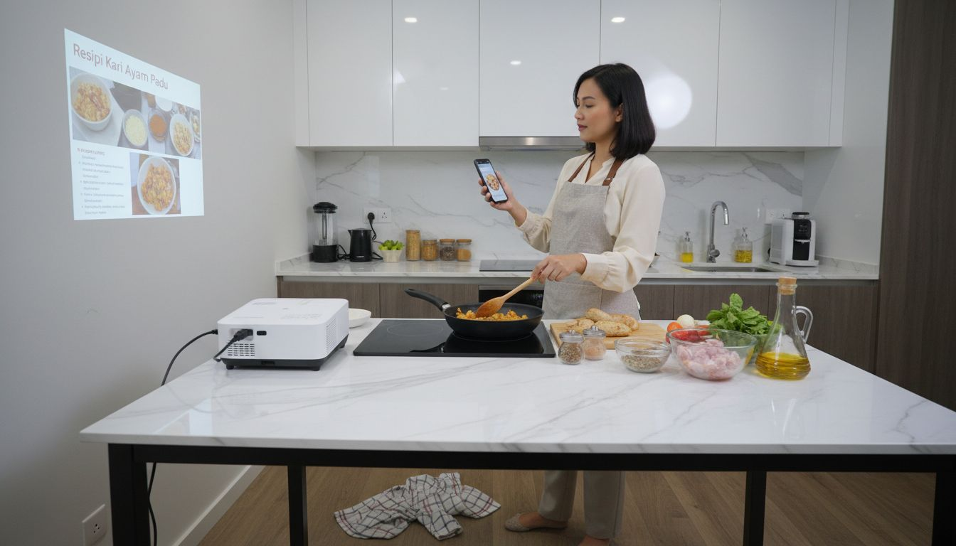 Seorang wanita sedang mengendalikan projektor pintar di dapur.
