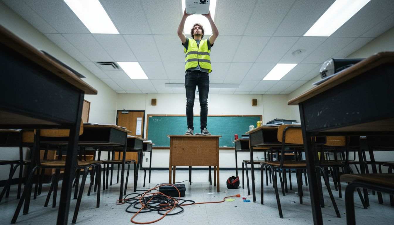 Technician mounting projector in classroom