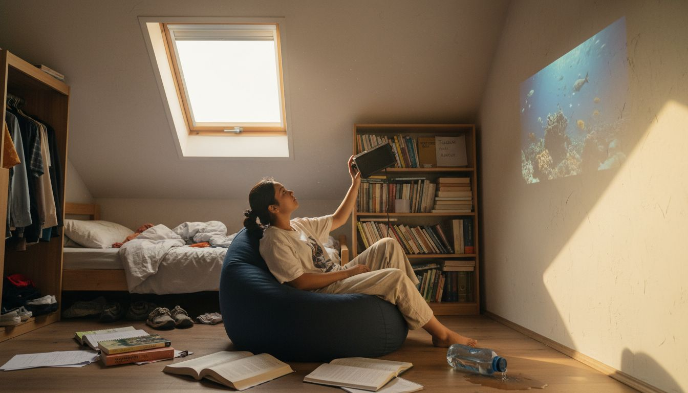 Seorang pelajar sedang membetulkan projektor mini di bilik lotengnya.