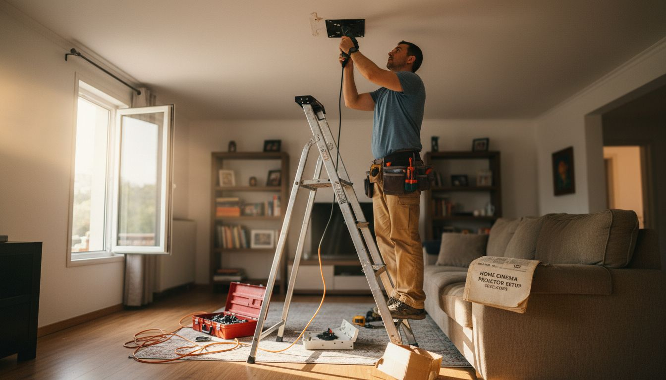 Installer mounting projector bracket on ceiling