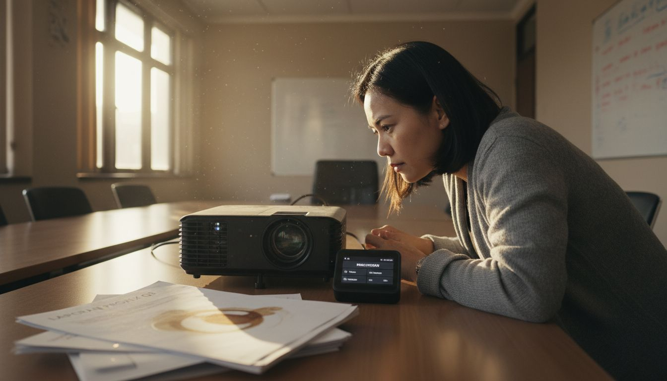 Pengurus sedang memeriksa lensa projektor di bilik mesyuarat.