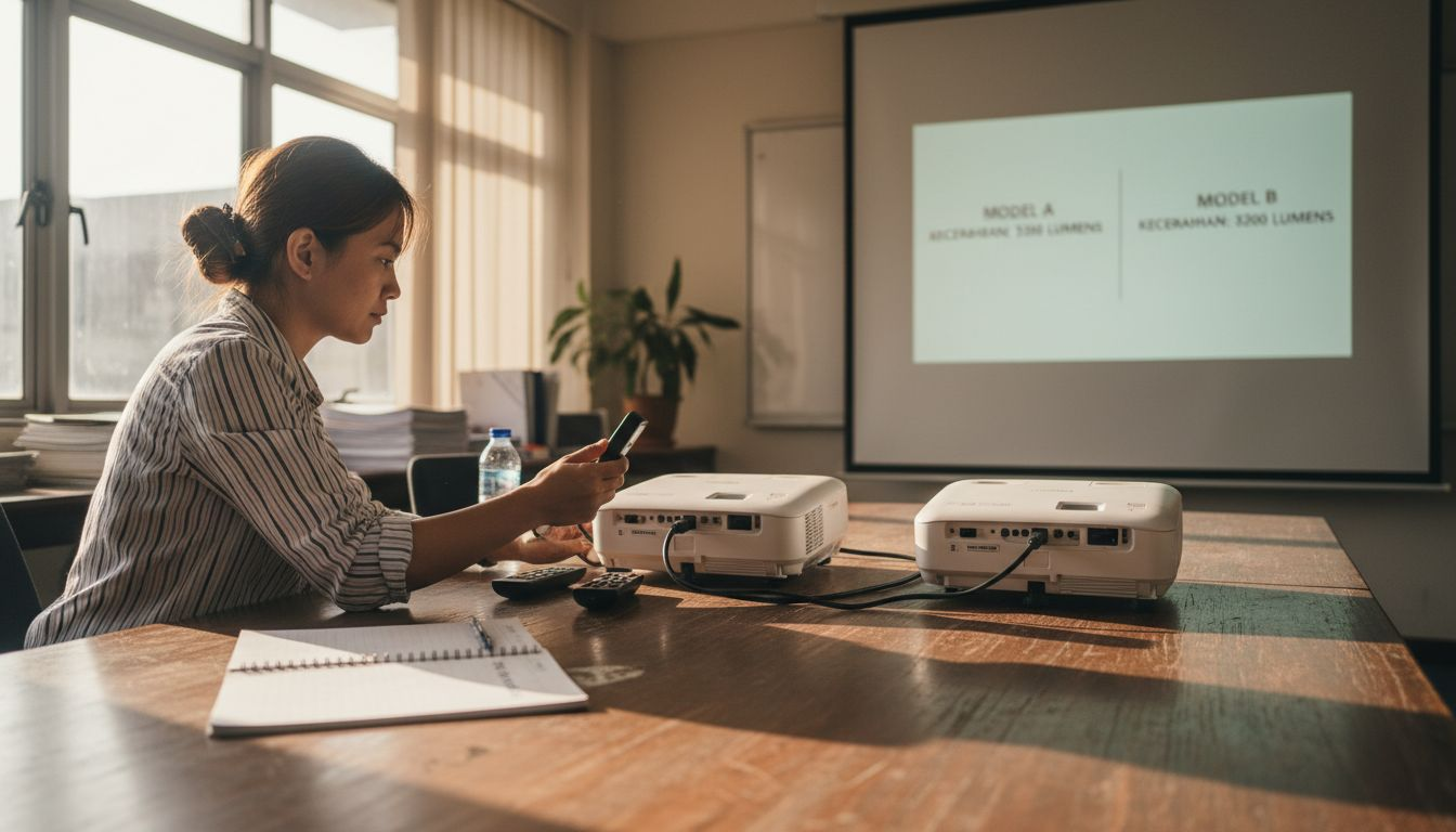 Seorang wanita sedang membandingkan tahap kecerahan dua projektor untuk melihat mana yang lebih terang.