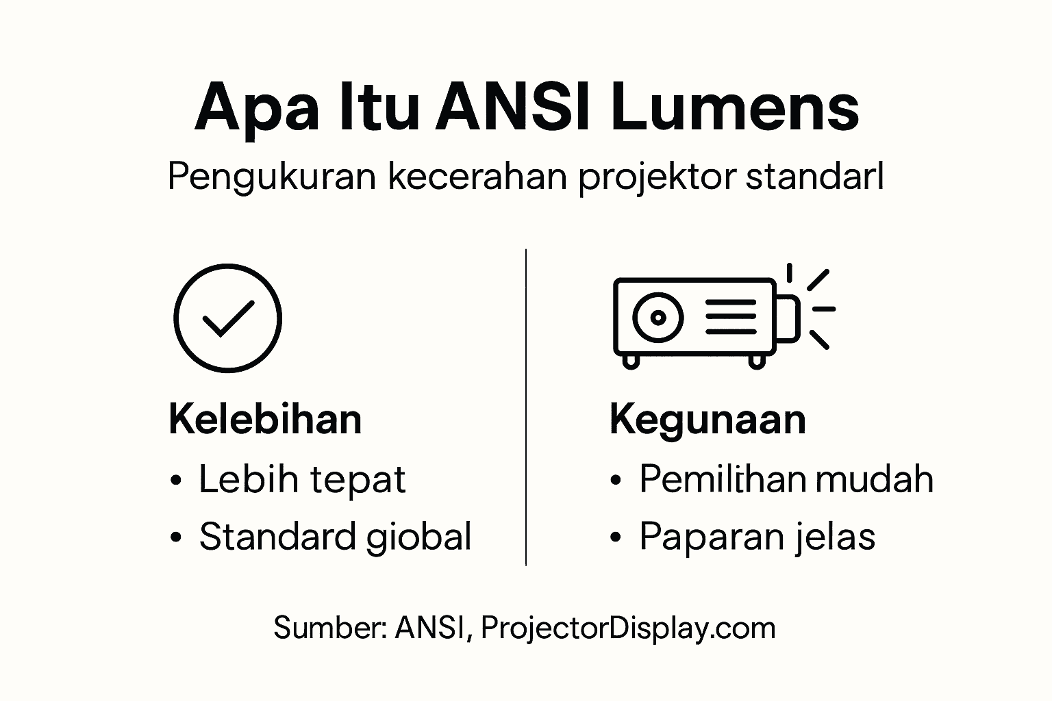 Infografik ini memberikan penjelasan ringkas tentang apa itu ansi lumens dan bagaimana ia digunakan untuk mengukur tahap kecerahan projektor.