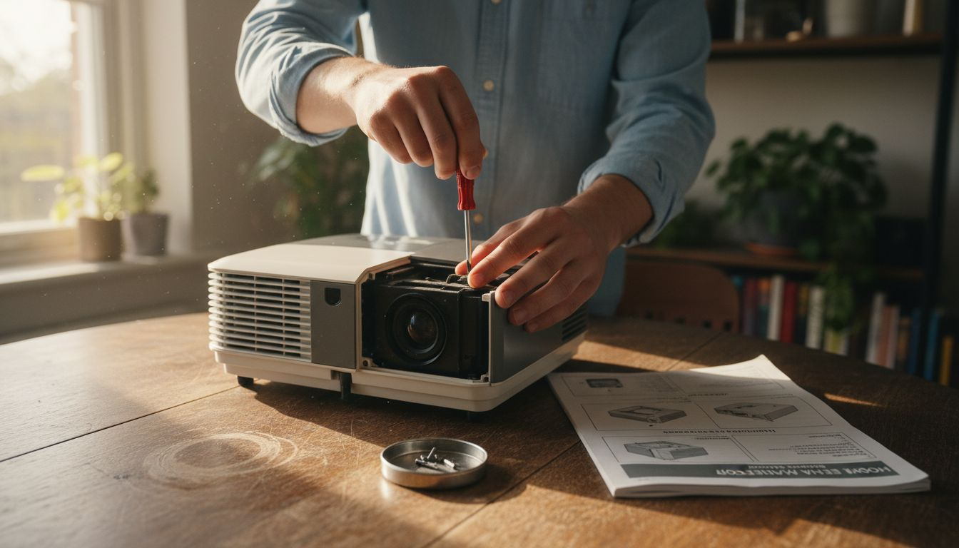 Hands unscrewing projector lamp cover