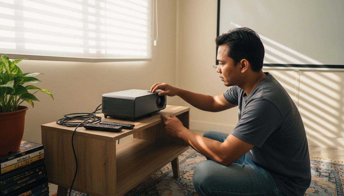 Seorang lelaki sedang memasang projektor di rumah untuk kegunaan peribadi.