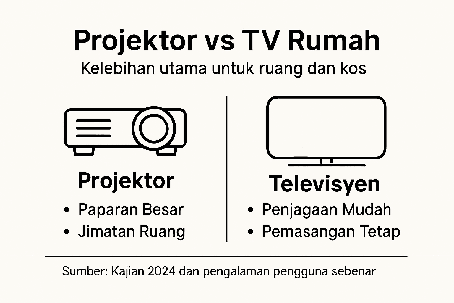 Perbandingan antara projektor dan televisyen untuk kegunaan di rumah dalam bentuk infografik