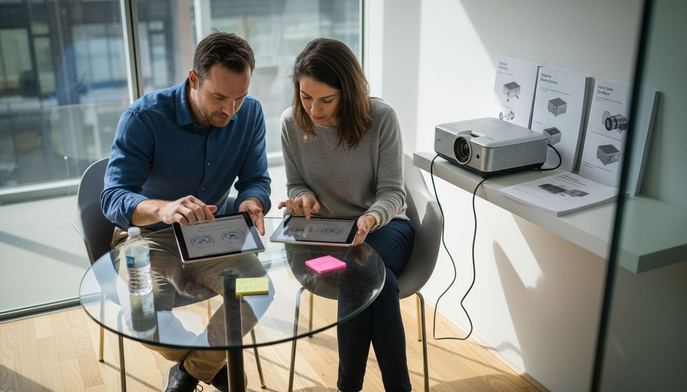 Colleagues comparing wireless projector methods