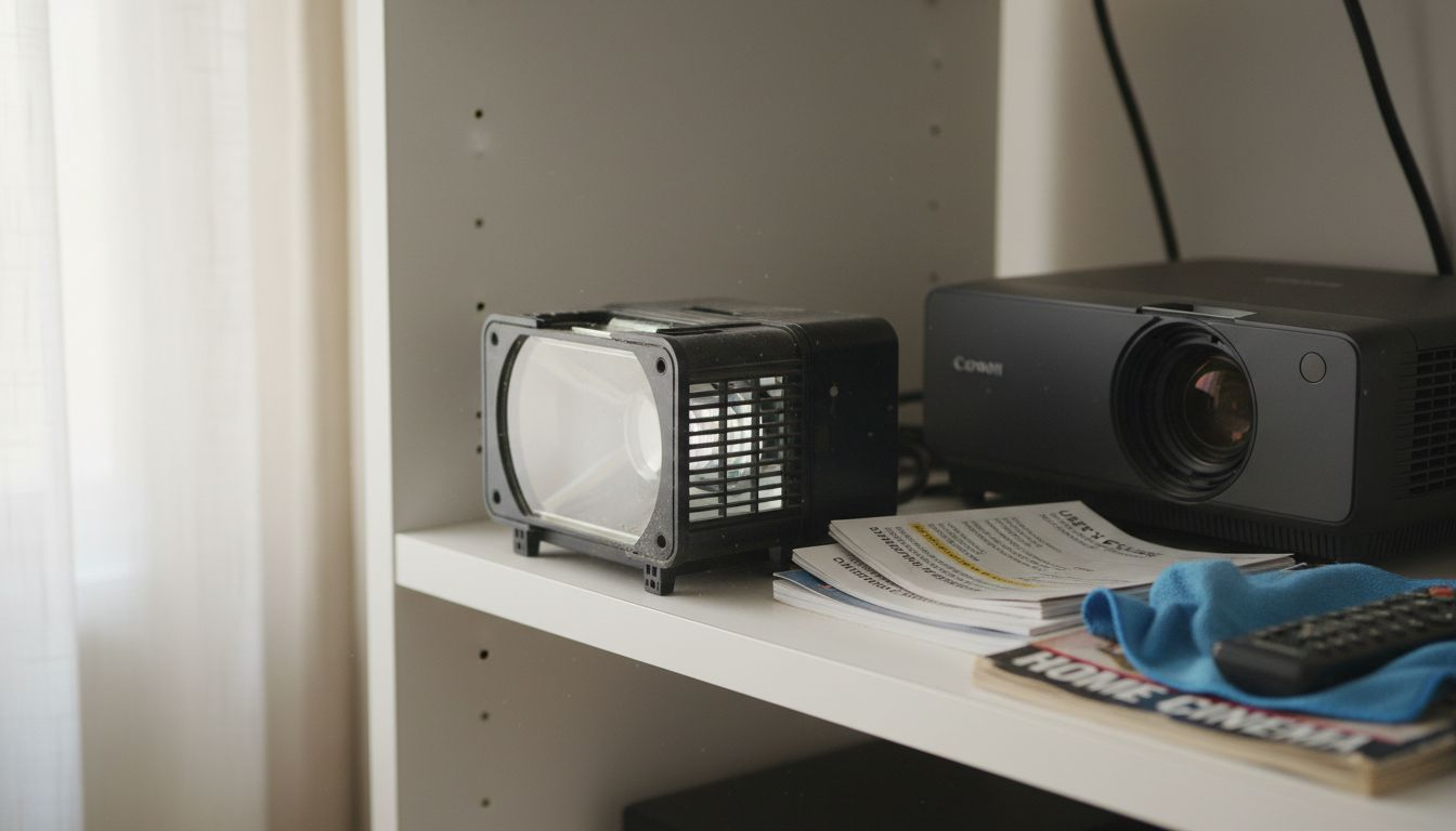 Projector lamp close-up with manuals and remote