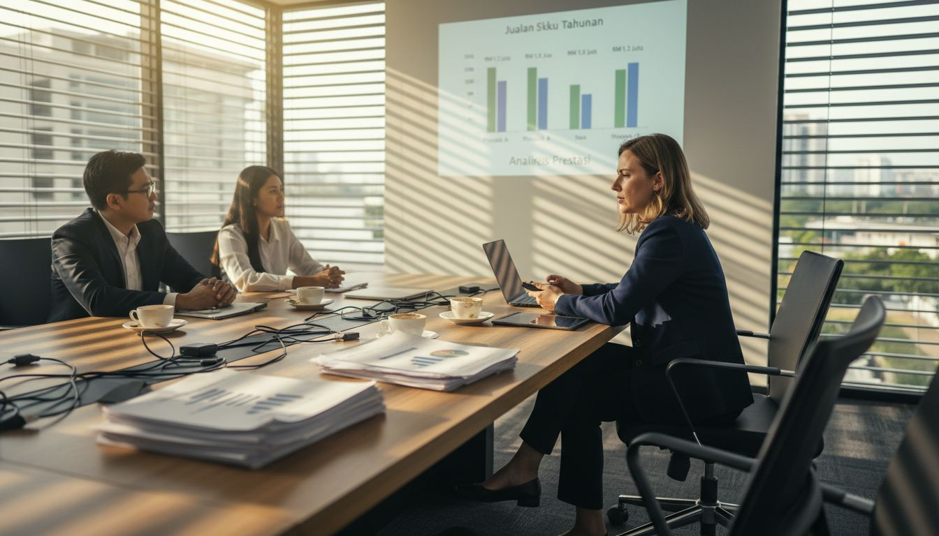 Seorang eksekutif sedang menggunakan projektor untuk membentangkan cadangan perniagaan kepada rakan sekerja.