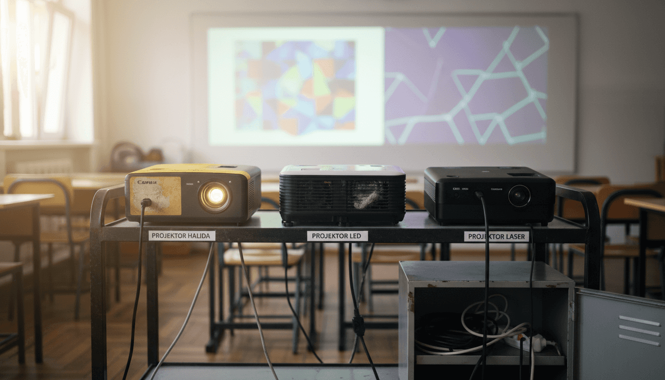 Susunan tiga projektor dalam bilik darjah untuk pembelajaran lebih interaktif