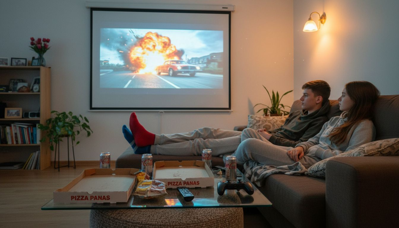 Beberapa remaja sedang seronok menonton filem bersama di ruang tamu menggunakan projektor.