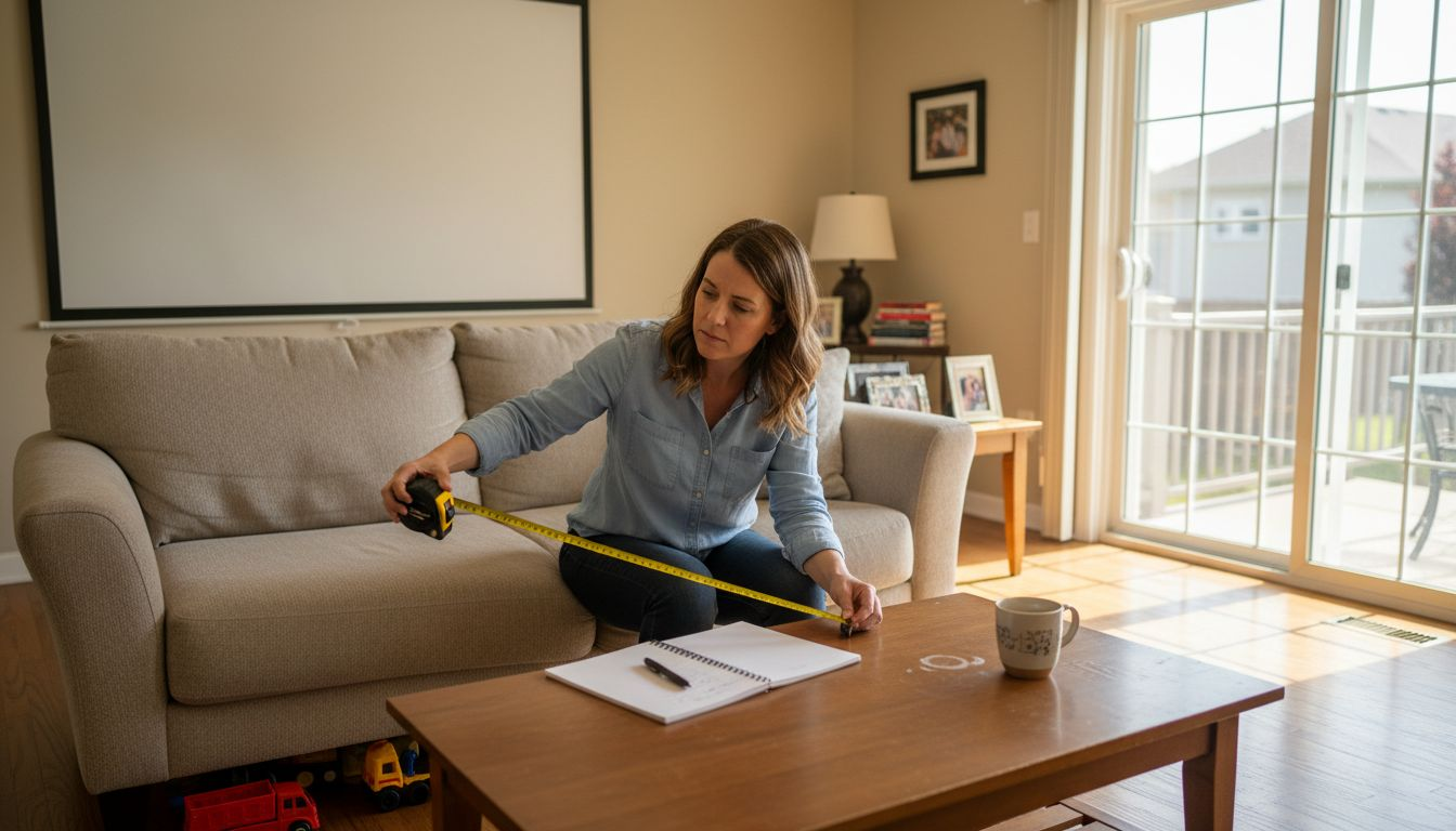 Woman measuring distance to projector screen