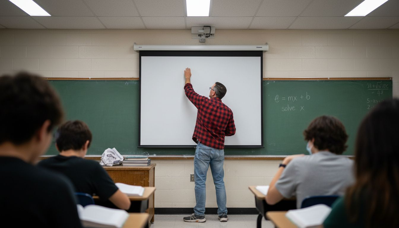 Teacher sets up projector screen in classroom