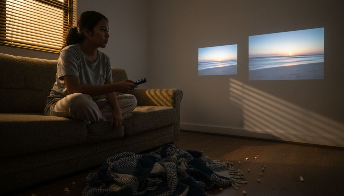 Seorang wanita sedang menilai dan membandingkan saiz paparan projektor di ruang tamu rumahnya, untuk mencari yang paling sesuai dengan keperluan dan suasana rumah.