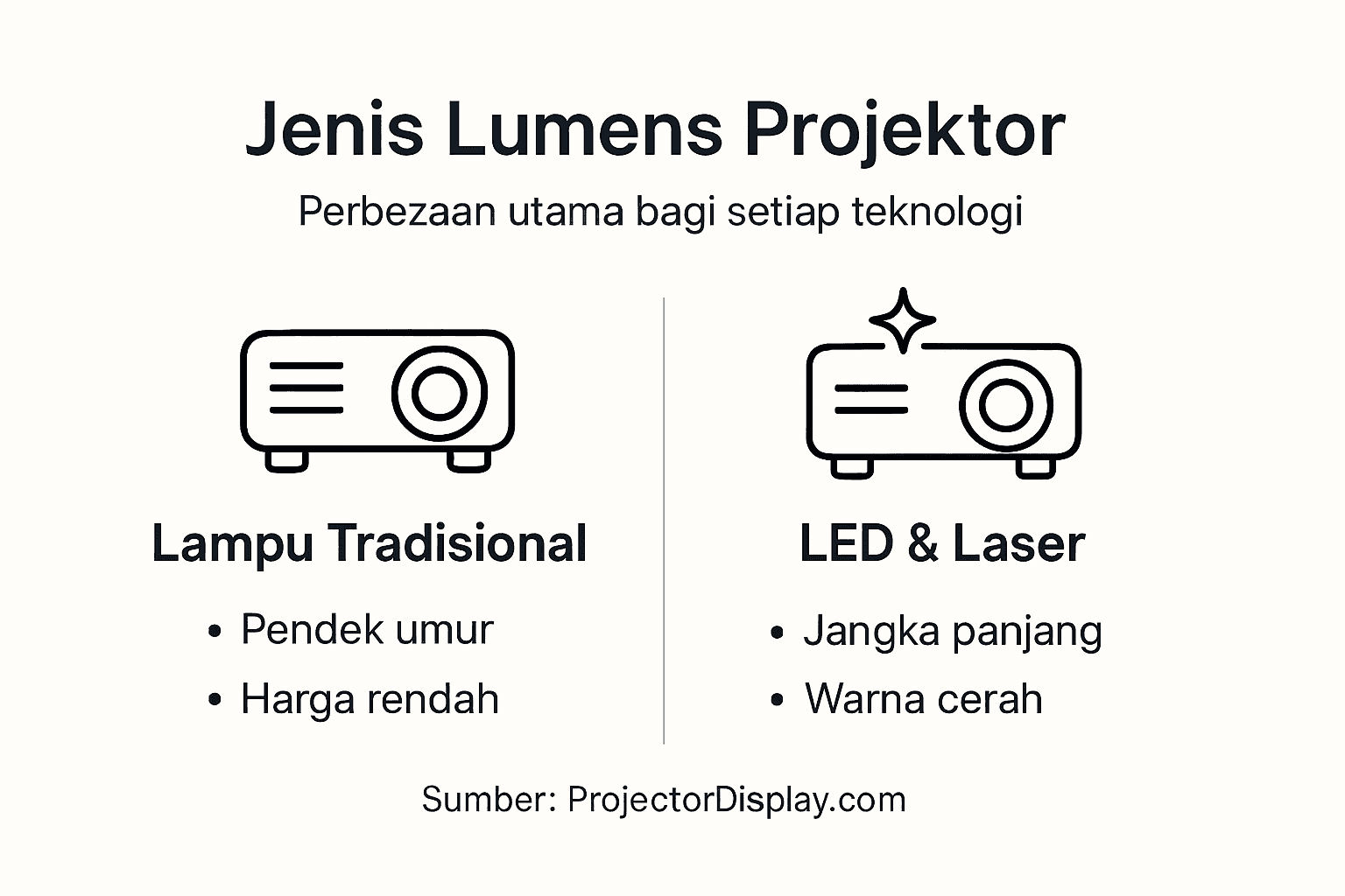 Infografik perbandingan tahap kecerahan projektor mengikut jenis lumen