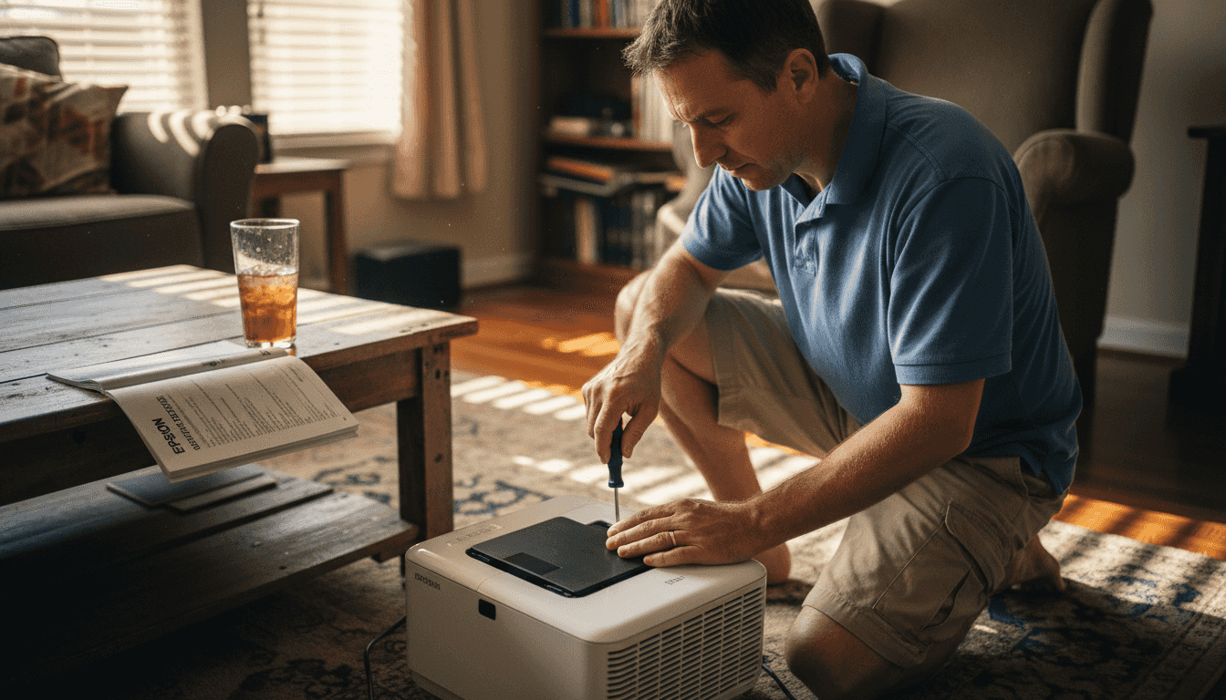 Man changing Epson projector lamp carefully