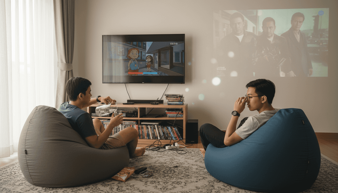Room showing projector and TV screen comparison