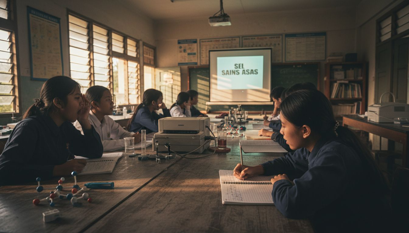 Para pelajar sedang mengikuti sesi pembelajaran dengan menonton video yang dipaparkan melalui projektor.