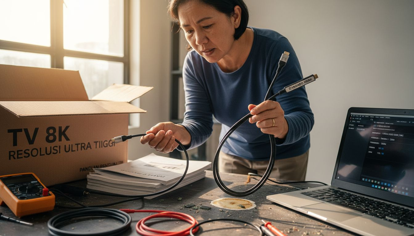 Seorang wanita sedang meneliti dan membandingkan beberapa jenis kabel HDMI di atas meja kerja, untuk memastikan mana yang paling sesuai digunakan.