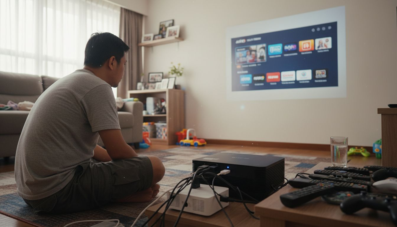 Menghubungkan projektor laser dengan cahaya matahari yang terik