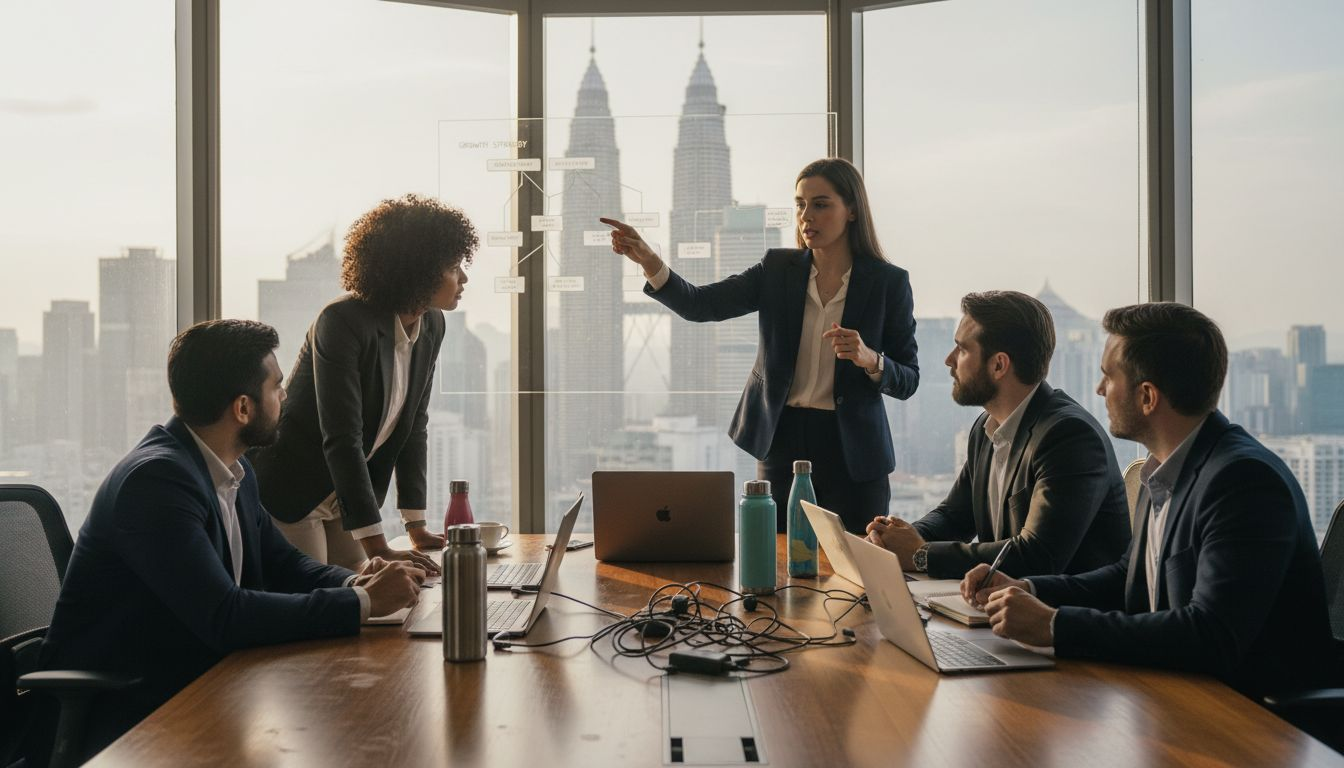 Office team using projector for meeting
