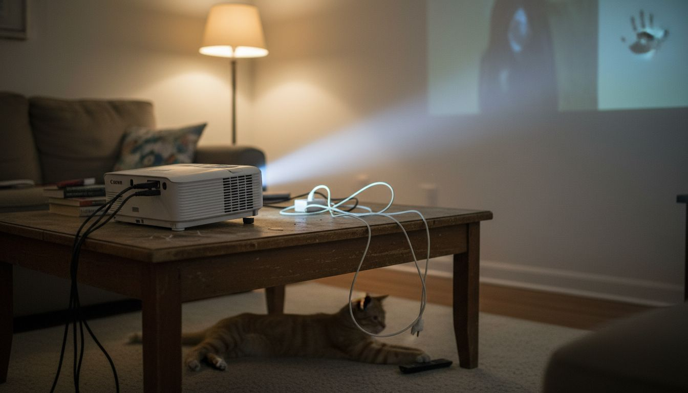 Ujian tahap kecerahan projektor dari jarak dekat pada waktu malam