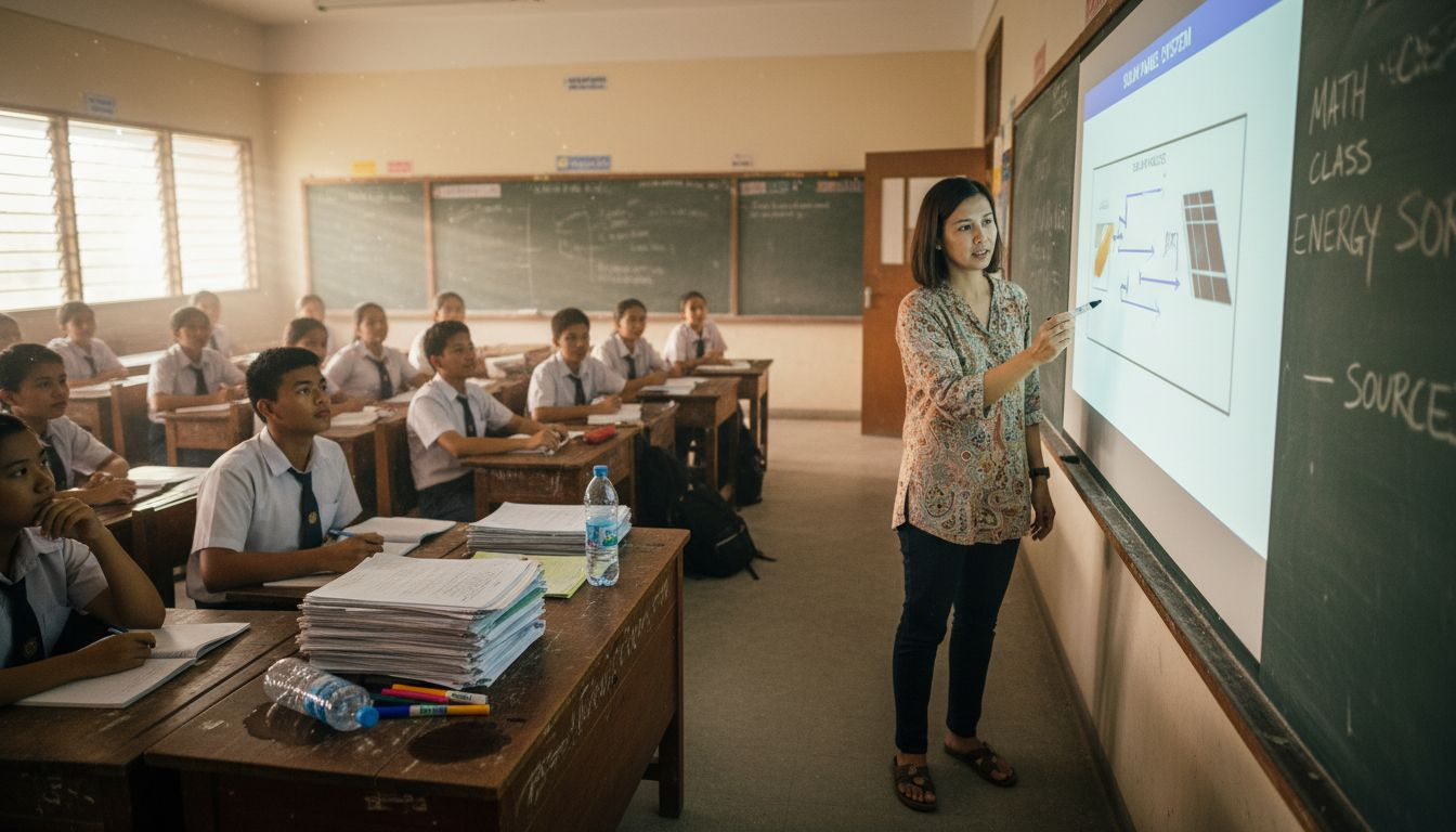 Teacher explaining projector screen materials