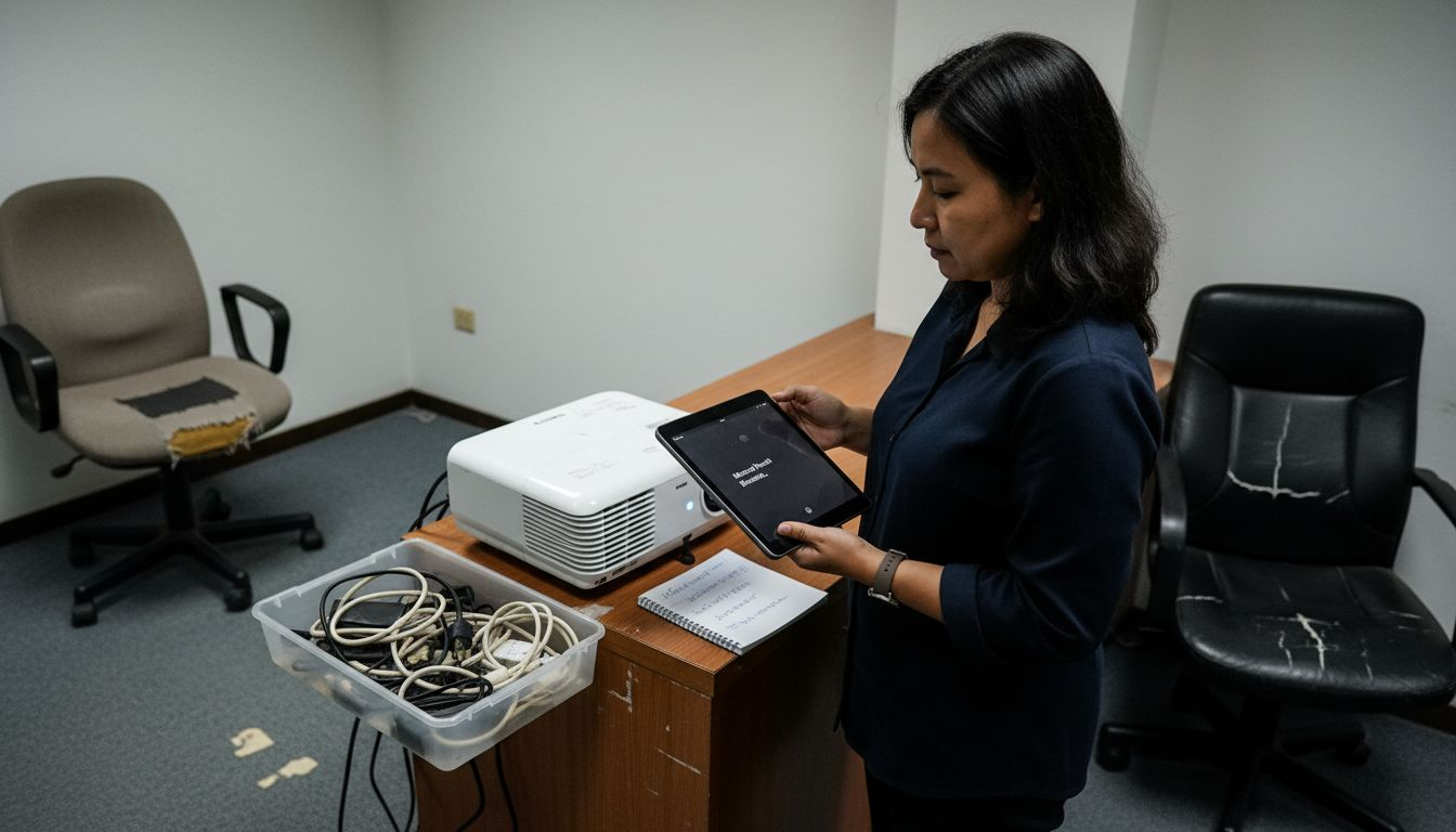 Seorang wanita sedang mengaktifkan mod Bluetooth pada projektor.