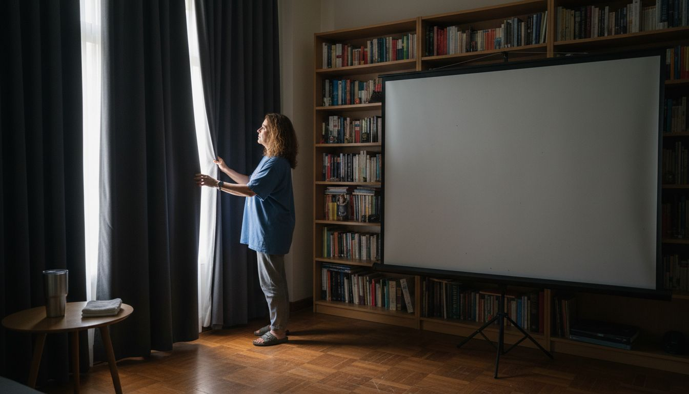 Seorang wanita sedang mengawal cahaya yang masuk melalui tingkap di bilik projektor.