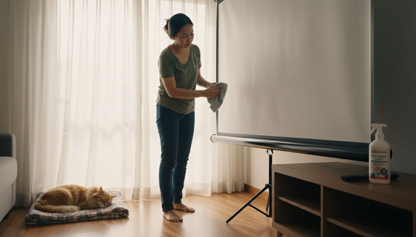 Seorang wanita sedang membersihkan skrin projektor di rumahnya dengan penuh berhati-hati.