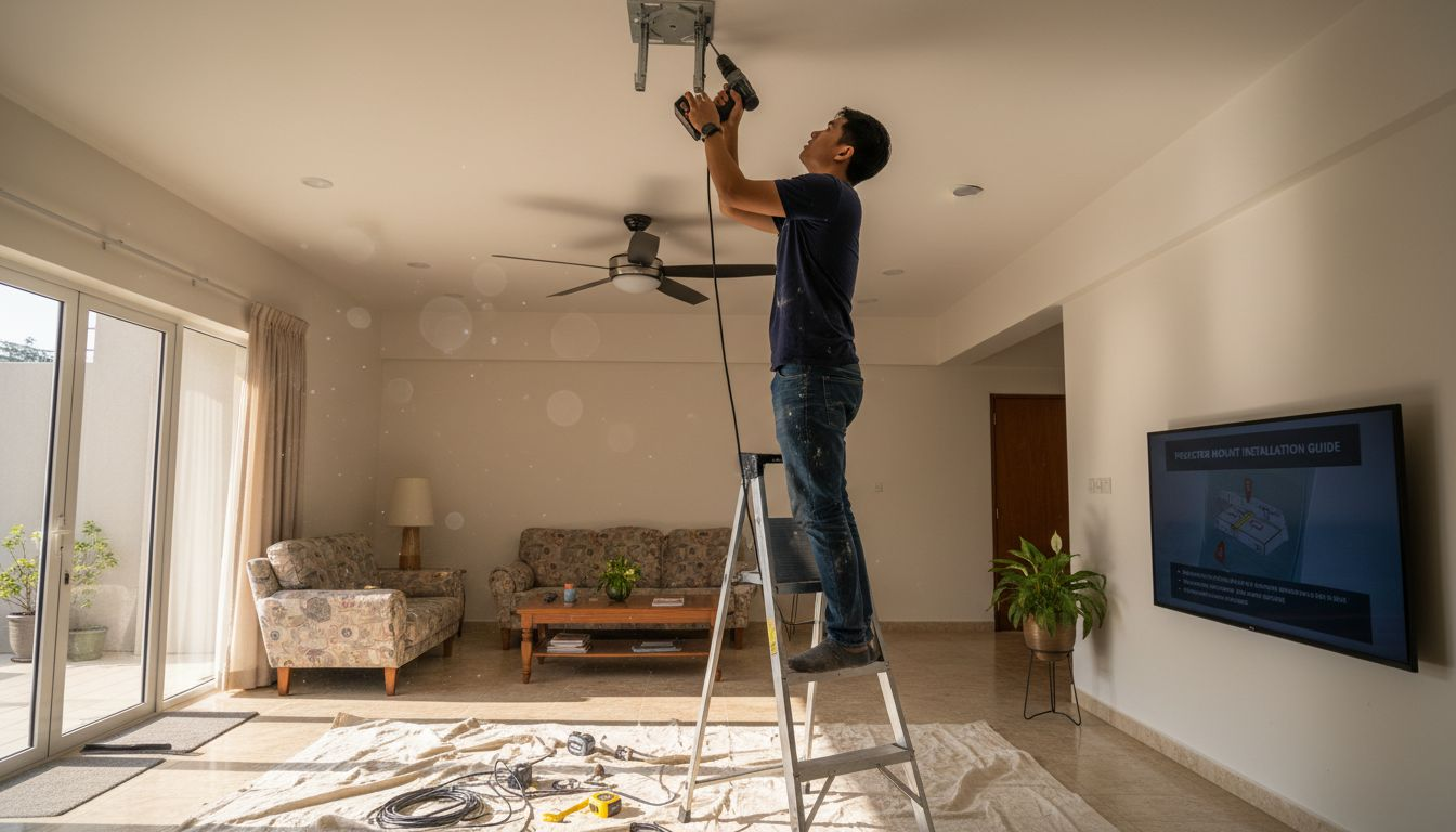 Installer mounting projector onto home ceiling