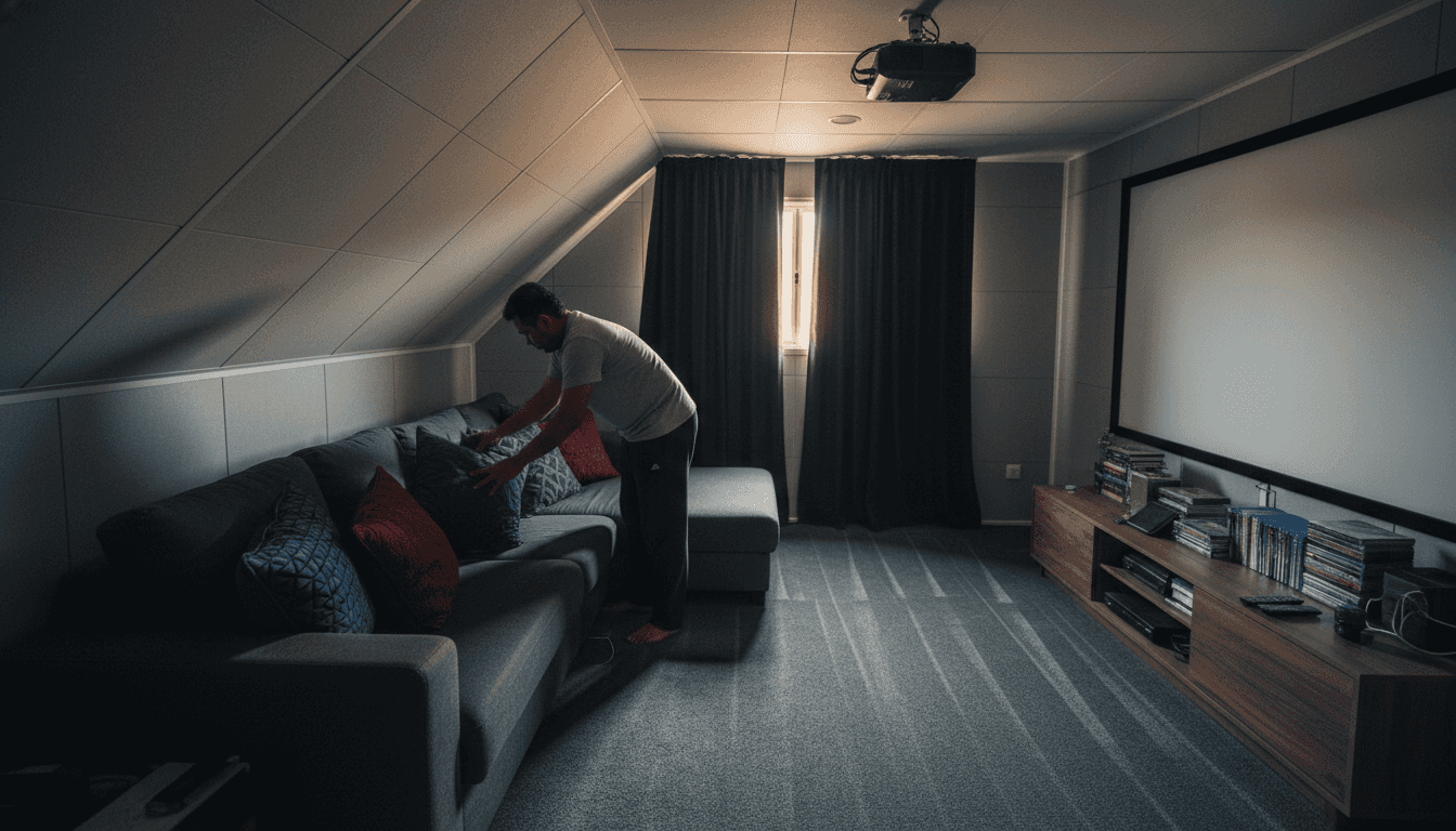 Ruang loteng yang diubah suai menjadi pawagam mini lengkap dengan projektor dan dekorasi bertemakan kelabu, sesuai untuk pengalaman menonton wayang yang lebih selesa di rumah.