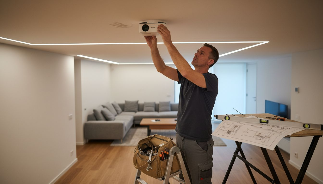Technician mounting laser projector in living room
