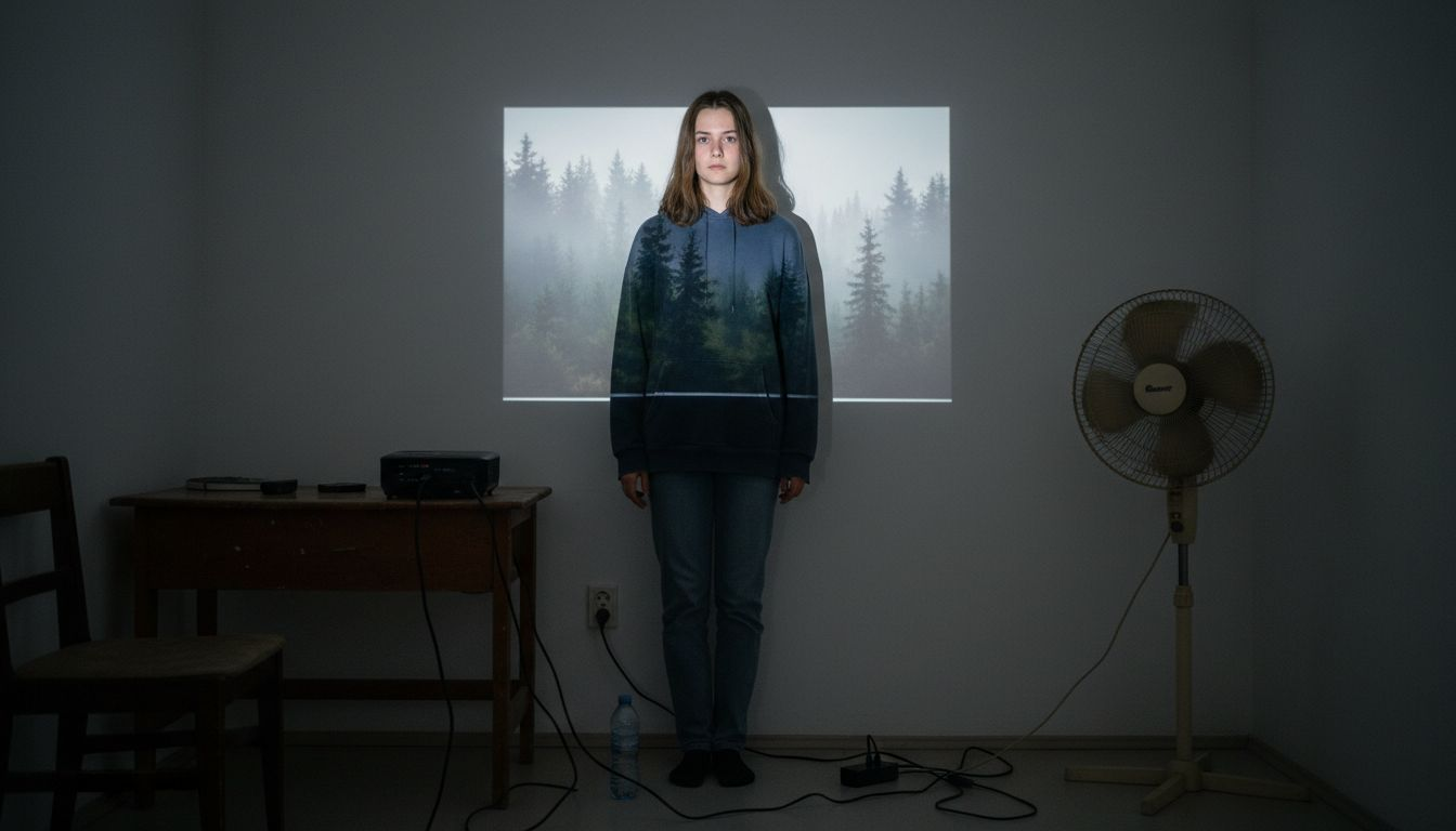 Seorang remaja sedang mencuba projektor baru di dalam bilik tidurnya.