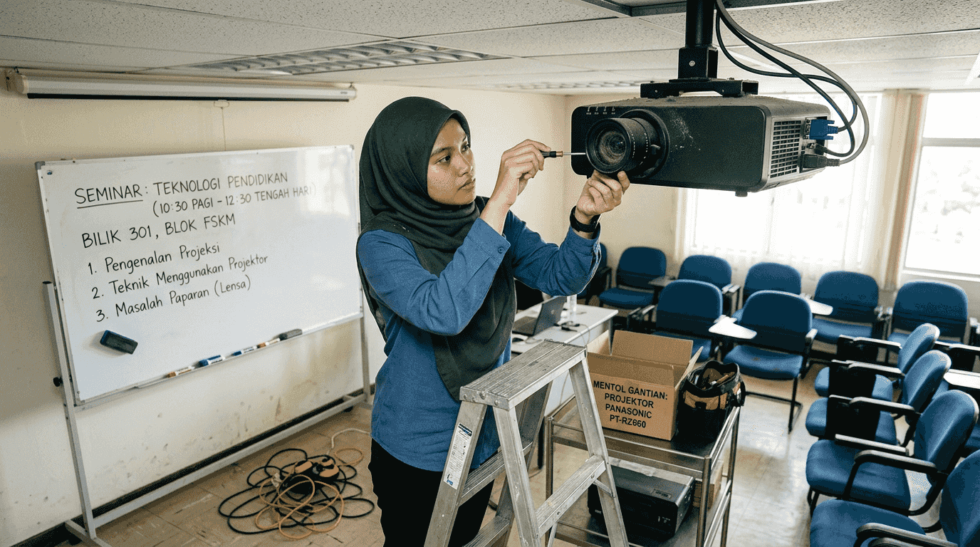 Seorang juruteknik sedang melaraskan lensa zum pada projektor.