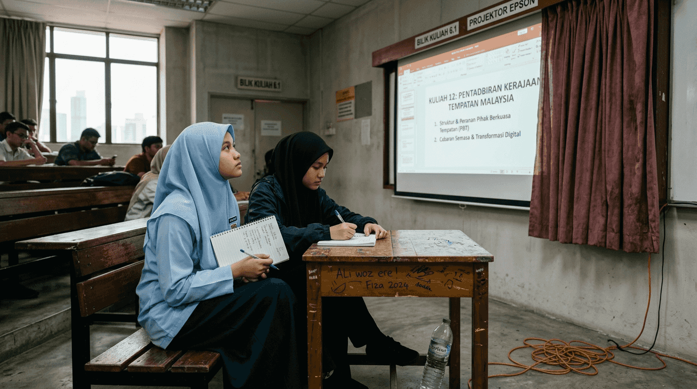 Para pelajar sedang melihat kandungan yang dipaparkan pada skrin projektor ALR.