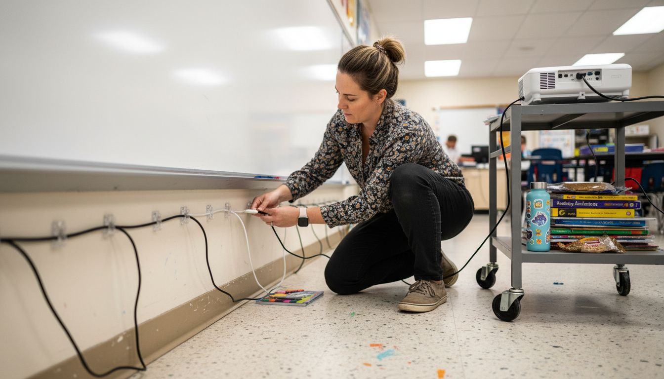 Teacher managing projector cables classroom setting