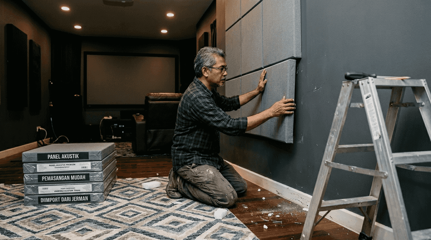 Seorang lelaki sedang memasang panel akustik di ruang pawagam rumahnya untuk mendapatkan kualiti bunyi yang lebih mantap.