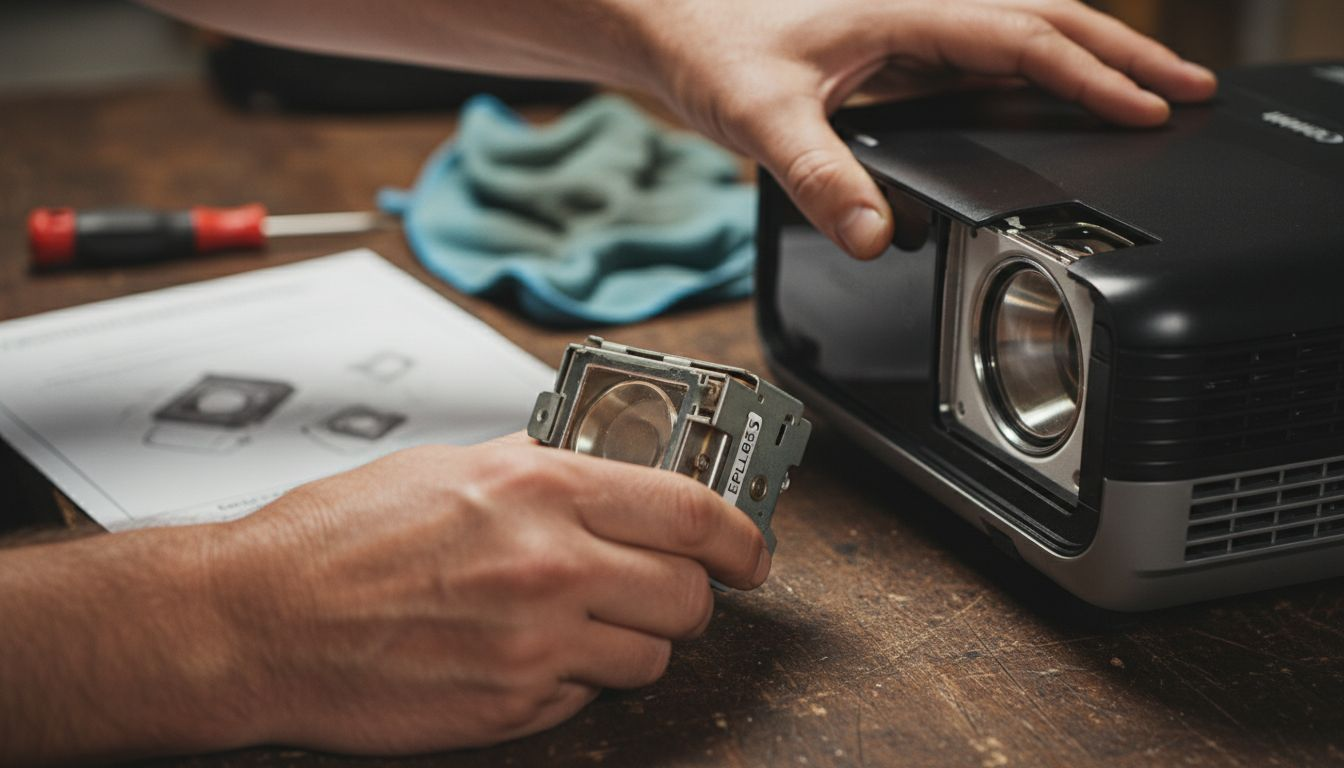 Hands removing used ELPLP85 projector lamp