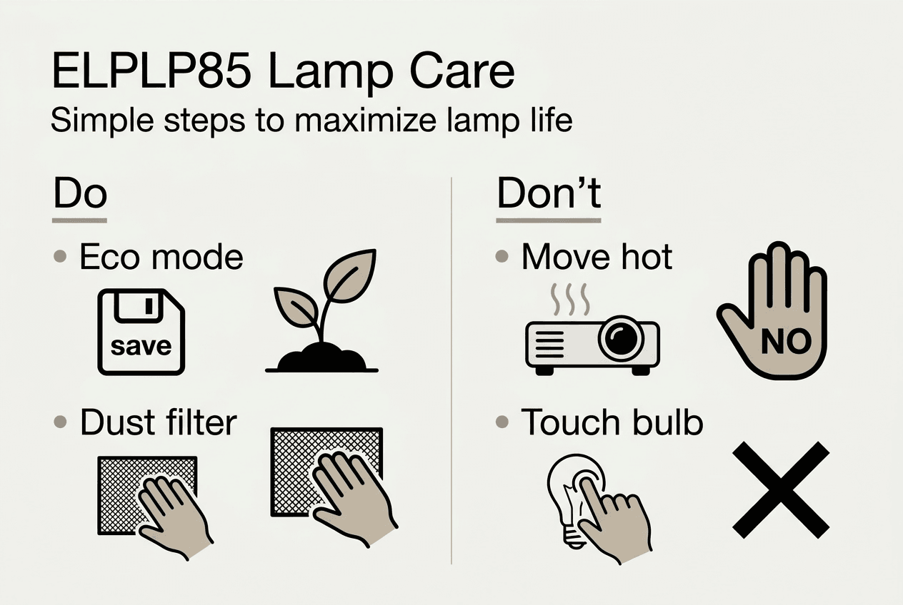Infographic showing ELPLP85 lamp care tips